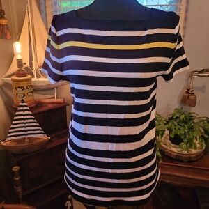 Striped Navy and White Top with Yellow Accent